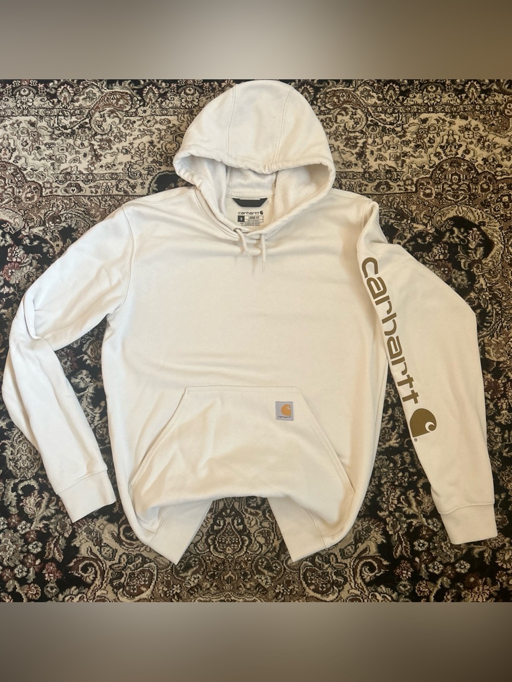 Carhartt Mens Hooded Sweatshirt - White with Tan Logo Size Small